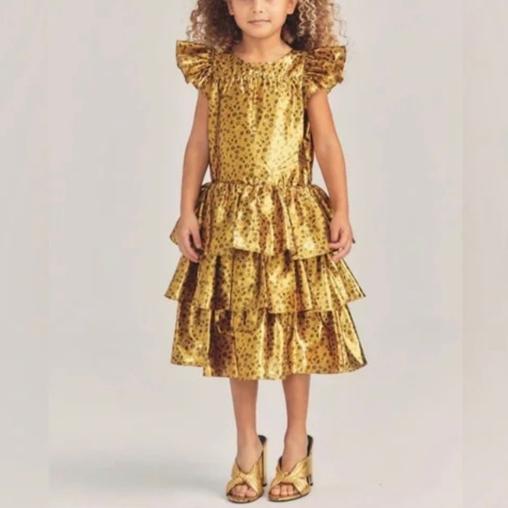 New Girls Love Shack Fancy Callie Gold Metallic Dress Size 12y